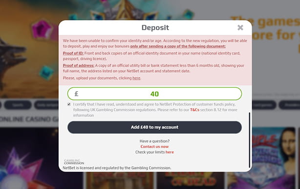 Finalise Deposit at NetBet