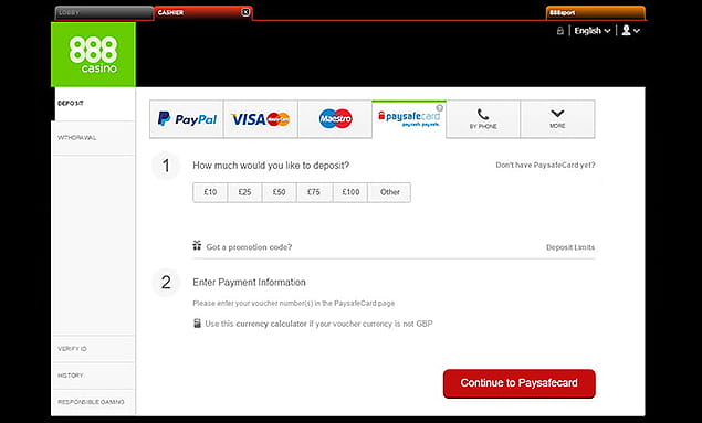 Paysafecard Deposit at 888 Mobile Casino