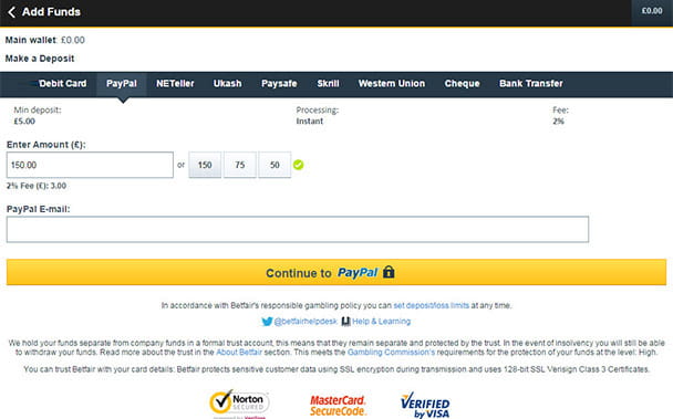 Selecting a Payment Option and Deposit Amount at Betfair Mobile