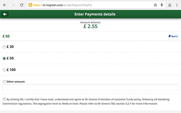 Setting the Deposit Amount at Mr Green Casino Mobile